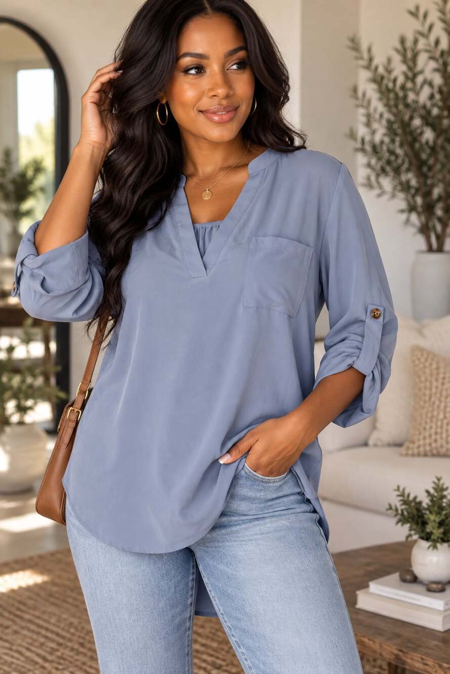 Lush Blue 3/4 Roll Sleeve V-Neck Tunic Blouse with Pocket Size M
